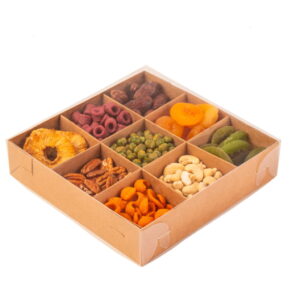 קופסת קרטון חום מכסה PVC שקוף 9 תאים 23/23/5 ס"מ